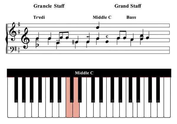 Middle C shown on grand staff and a piano keyboard