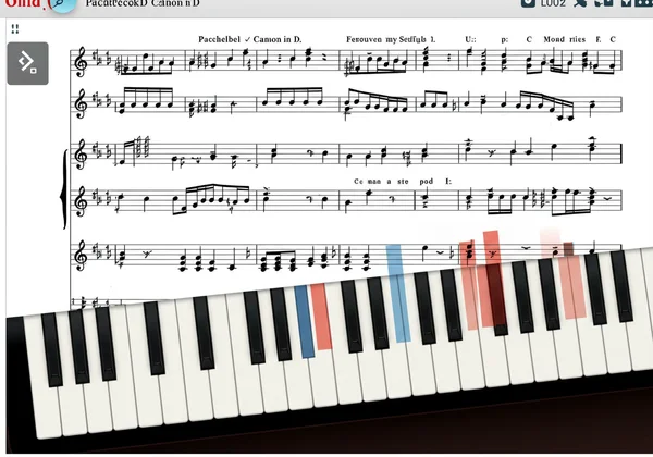 Online piano showing Canon in D sheet music for learning