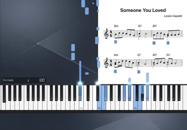 Virtual piano with 'Someone You Loved' sheet music displayed
