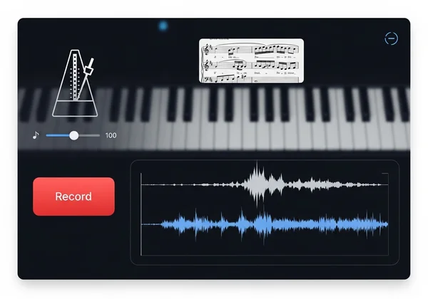 Online piano practice interface with metronome and record