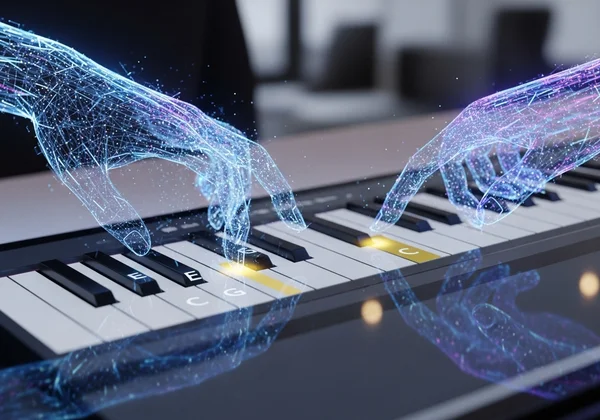 Two hands playing on a virtual piano keyboard