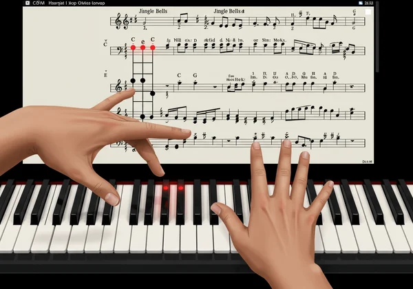 온라인 피아노에서 코드와 멜로디를 연주하는 양손