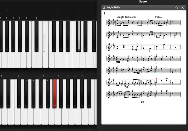 징글벨 악보와 건반을 보여주는 온라인 피아노