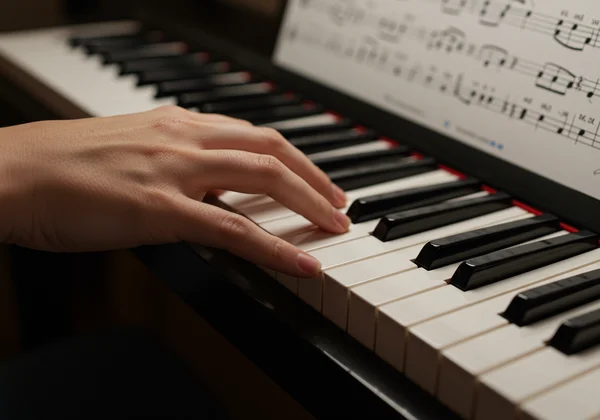 가상 피아노 건반에서 멜로디를 연주하는 오른손