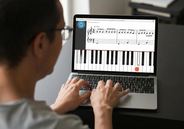 Person learning piano with guided tutorial on an online platform