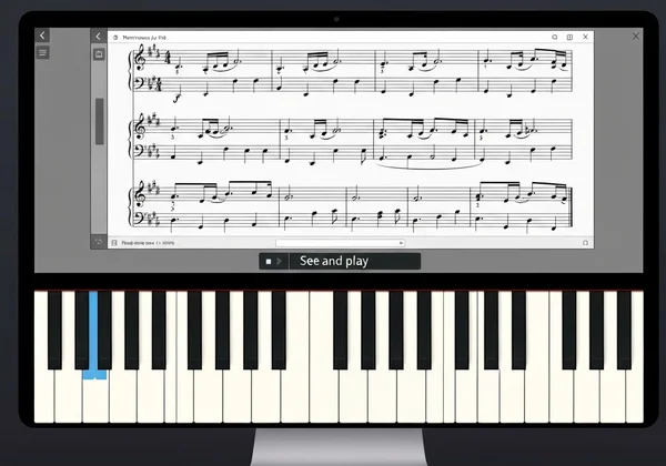 Online piano platform displaying sheet music and virtual keyboard