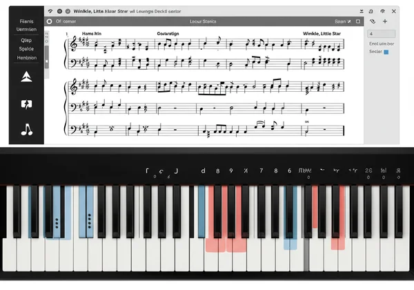 Online piano with integrated sheet music display and virtual keys.