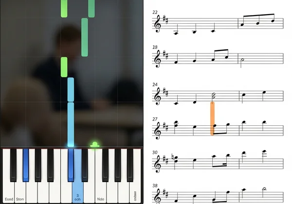 Virtual piano showing sheet music and highlighted keys