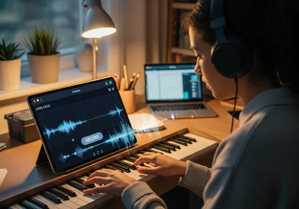 Student recording music using a virtual piano platform