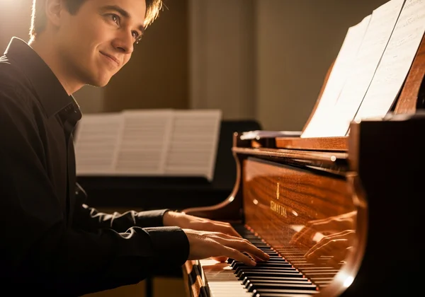Confident pianist achieving sight-reading mastery