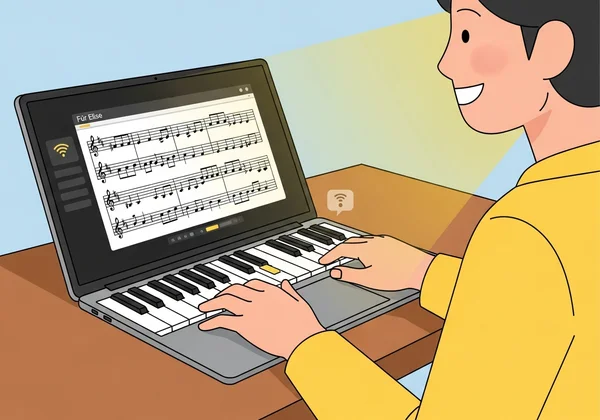 Person learning piano sight-reading online