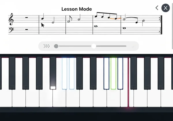 Online piano in lesson mode with lit keys