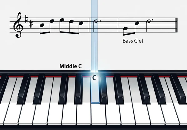 Piano keyboard showing Middle C on grand staff