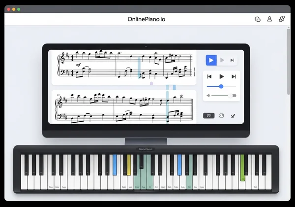 OnlinePiano.io interface with sheet music