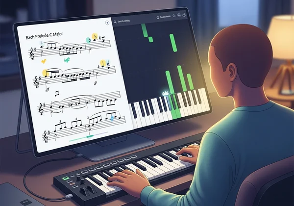User learning piano with online sheet music