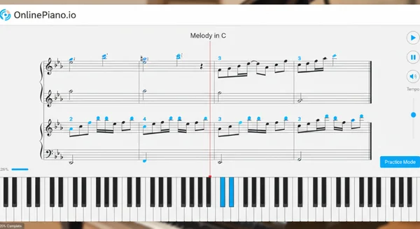OnlinePiano.io score display and virtual keyboard