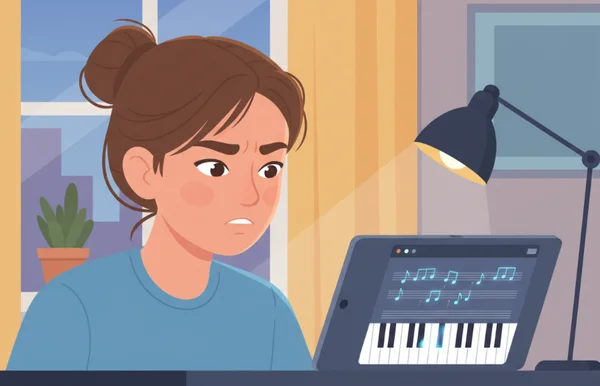 Student learning to read piano sheet music